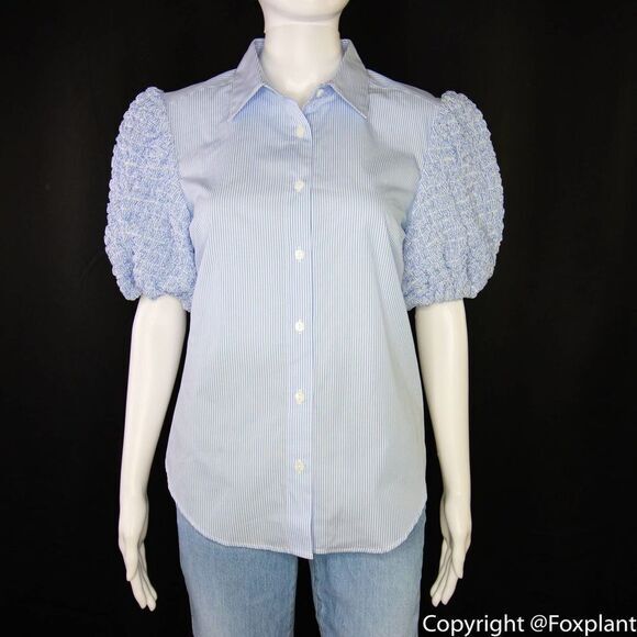 NEW Petersyn Zadie puff short sleeve button front cotton top, white, M - Picture 3 of 16